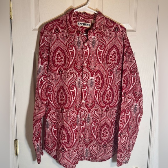 Express Men’s Long Sleeve Button-Down Shirt – Red Paisley Print – Size‎ Large - Picture 1 of 10